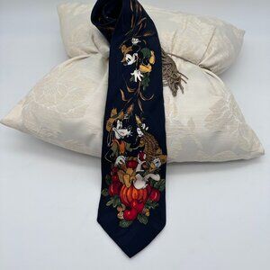 Vintage Disney Goofy Donald Mickey Mouse Autumn Thanksgiving Theme Silk Necktie‎